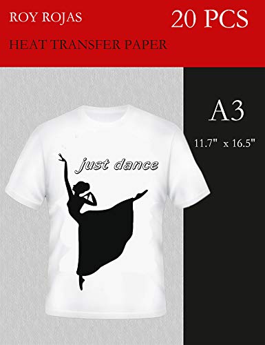 Roy Iron On Transfer Paper 20 Sheets for Light Color T-Shirt, 17" x 12" A3 Heat Transfer Paper for White or Light Colored Cotton Fabric T Shirts, Compatible with All Inkjet Printers