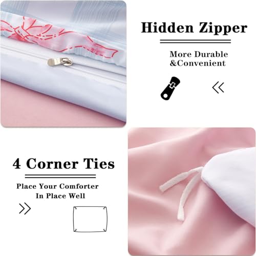 Image of Bow Duvet Cover King Size Blue Plaid Pink Bows Reversible Bedding Set 3 Piece Soft Lightweight Microfiber Kids Bedding Set with Zipper Closure and 2 Pillowcases