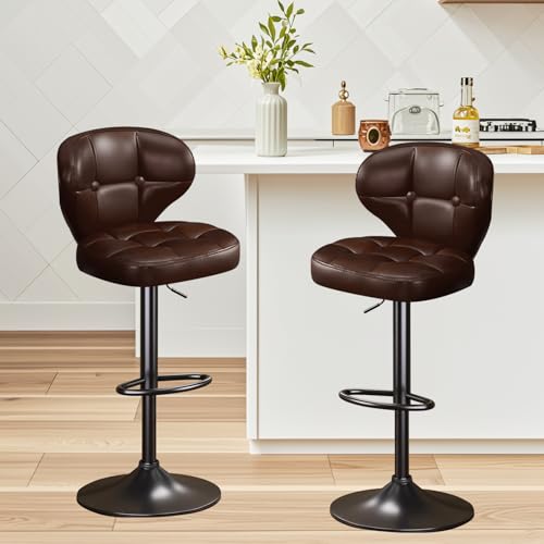 Image of Modern Bar Stools Set of 2, Adjustable Swivel Upholstered Full-Back Counter Height Bar Chairs for Kitchen Island, Dining Room, Bar Brown