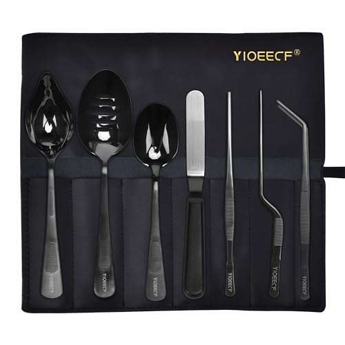 Yioeecf Chef Plating Tools Culinary Set, Plating Tools Tweezers Scoop Set, Professional Chef Stainless Steel Plating Set, 7-Piece Black,Leather Bag