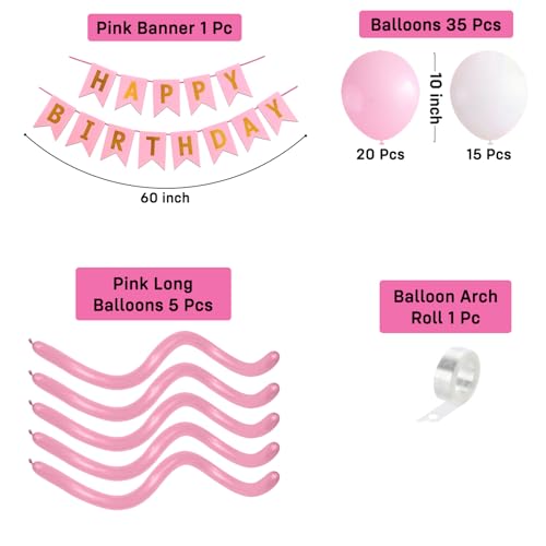 Image of Party Propz Bow Theme Birthday Decoration Kit for Girls - 42 Pcs, Pink Themed Happy Birthday Banner, Long Balloons, White and Pastel Pink Birthday Decoration Kit (Carstock,Latex)