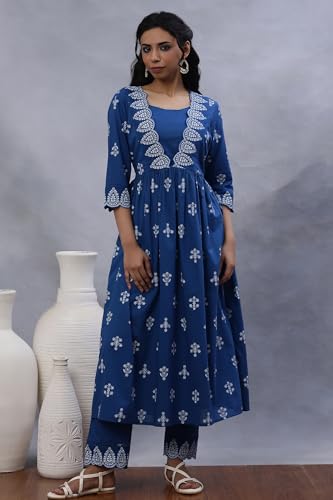 Image of W for Woman W Women Blue Geometric Print Cotton Kurta & Straight Pant