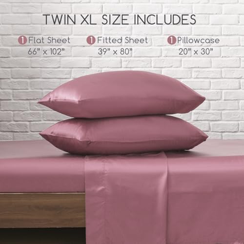 Image of MR&HM Satin Bed Sheets Set, 3 Pcs, Twin XL, Rose Taupe, 600 Thread Count, 15 Inches Deep Pocket
