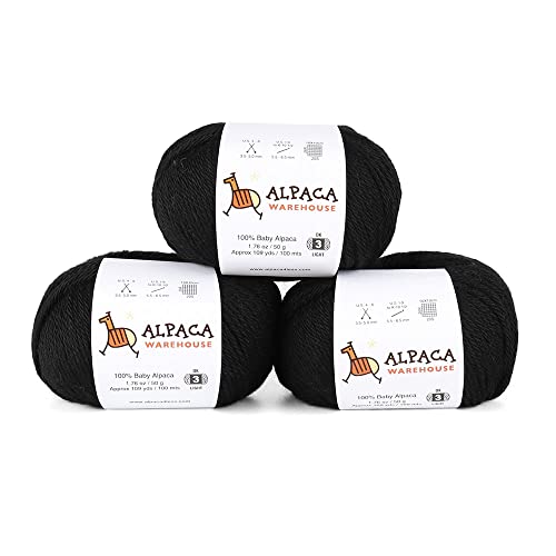 100% Baby Alpaca Yarn Wool Set Of 3 Skeins Lace Worsted Bulky/Chunky Weight - Heavenly Soft And Perfect For Knitting And Crocheting (Black, Dk - 109 Yds/100 Mts - 50 Grms (1.76 Oz)/Skein) #TOP19