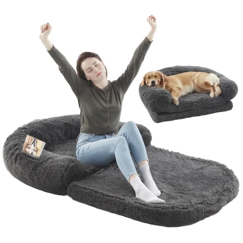 Foldable Human Dog Bed for People Adults, 2 in 1 Calming Human Size Giant Dog Bed Fits Pet Families with Egg Foam Supportive Mat and Waterproof Liner, Faux Fur Orthopedic Dog Sofa, Dark Grey