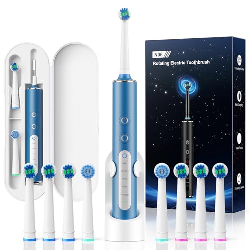 Cepillo de dientes eléctrico rotatorio para adultos y niños con 3 intensidades y 5 modos, cepillo dientes electrico con 8 cabezales, estuche de viaje, batería de 120 días(Azul Marino)
