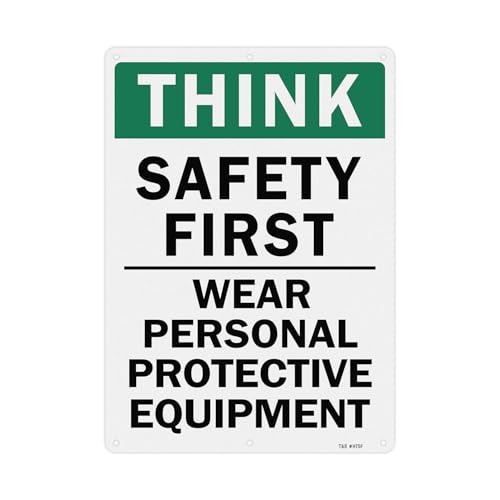 Image of T&R Large Think Safety First Sign Wear Personal Protective Equipment - 14 x 10 Inches Rust Free .040 Aluminum Reflective - UV Protected, Waterproof and Fade Resistant - 6 Pre-drilled Holes