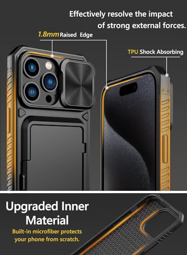 Image of Vihibii for iPhone 15 Pro Max Case with Card Holder (4 Cards) & Slide Camera Cover & Kickstand, Military Grade Drop Protection, Rugged Hard Back & Wallet Back Case, 6.7 inch 2023, Black