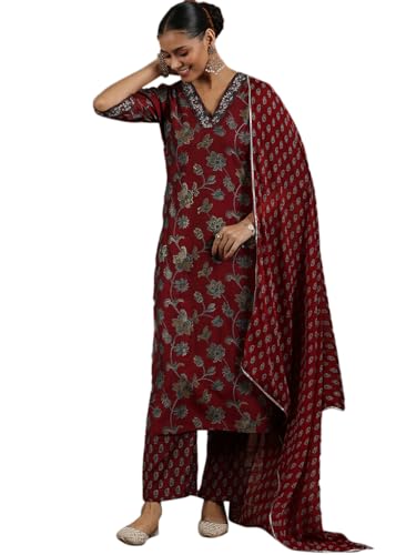 Image of Libas Womens Printed Silk Blend Straight Kurta With Trousers and Dupatta | daily wear suit
