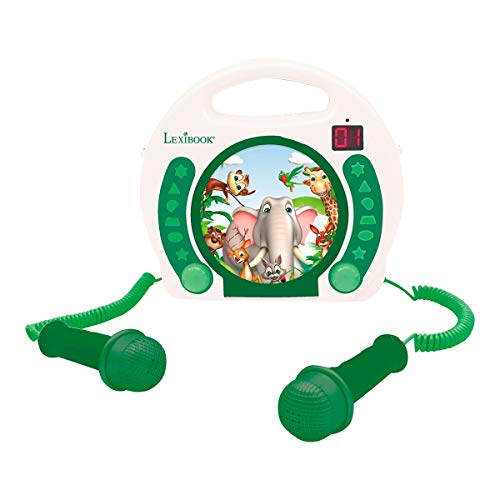 Lexibook - Reproductor de CD portátil de animales con micrófonos, mango, programación, repetición, karaoke, selva, conector para auriculares, niño, niña, blanco/verde, RCDK100ANX