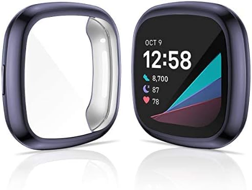 CAVN 4-Pack Screen Protector Case Compatible with Fitbit Sense/Versa 3, Full Coverage Soft TPU Protective Screen Cover Saver Bumper for Sense Smartwatch (Black/Charcoal/Silver/Clear)