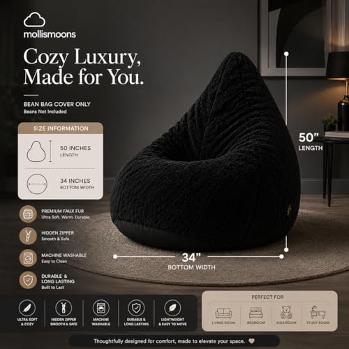 Image of Mollismoons Bean Bag XXXL Size for Adults & Kids Fur bin Bag Luxury Bean Bag Chair (Bean Bag Without Beans Cover(Assembly Required), Black)