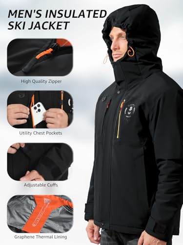 Image of Men's Thermal Waterproof Windproof Jacket Hooded Insulated, Lightweight Winter Snow Coat with Multiple Pockets