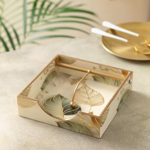 Image of Wooden Napkin Holder with Gold Engraving | Pack of 1 | Size : 7.5 x 7.5 inch | Enamel Coated Waterproof | Tissue Holder for Dining Table | White Leaf Napkin Holder