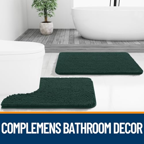 Image of OLANLY Bathroom Rugs Sets 2 Piece, Soft Absorbent Chenille Bath Mats and U-Shaped Contour Toilet Rug Set, Machine Washable Bath Carpet, Home Decor Accessories(47 inchx20 inch+24 inchx20 inch, Blackish Green)