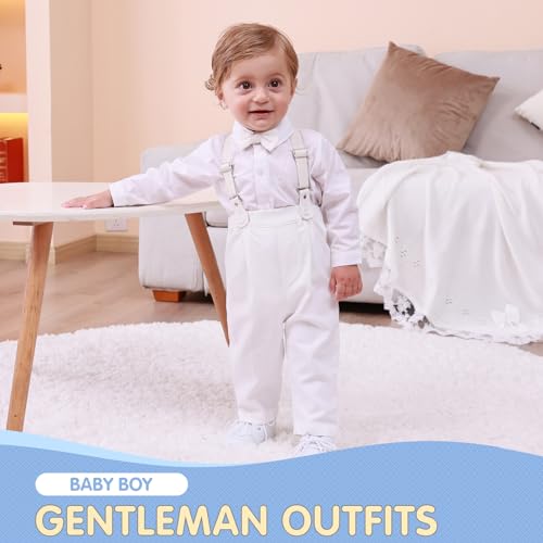 Image of Booulfi Baptism Christening Outfits for Baby Boy Outfits,NB- 5t Boy Clothes | 4 Piece Button Down White Shirt Bow Tie Photography Suspenders Baptism Outfits for Boys,Newborn 5t Boys Clothes Summer