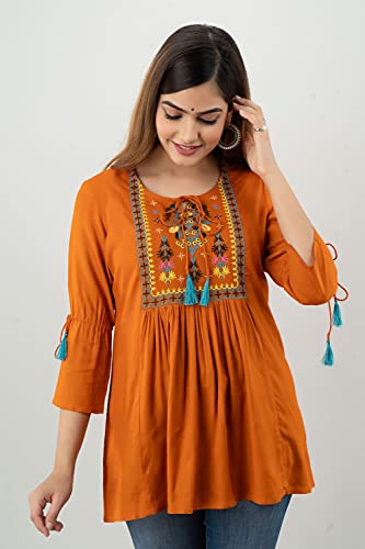 Image of DMP FASHION Women's Rayon Classic Heavy Embroidery Top with Beautifull Tassels at Front and on Both Sleeves
