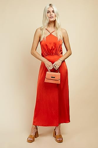 Robe de cocktail orange satin midaxi solution silhouette fluide mariage