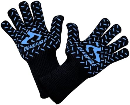 BlueFire Gloves BBQ Grill Firepit Oven Mitts Highest Heat Resistance EN407 Lab Certified (Large, Black)