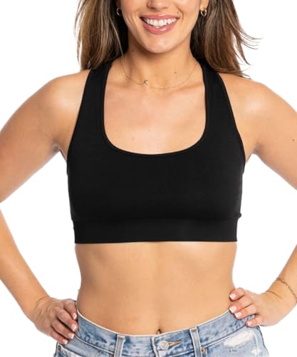 Malibu Sugar Racerback Black Sports Bra for Teens & Women - Padded Seamless Support Bras Yoga Gym Workout Dance One Size Fits XS-MD