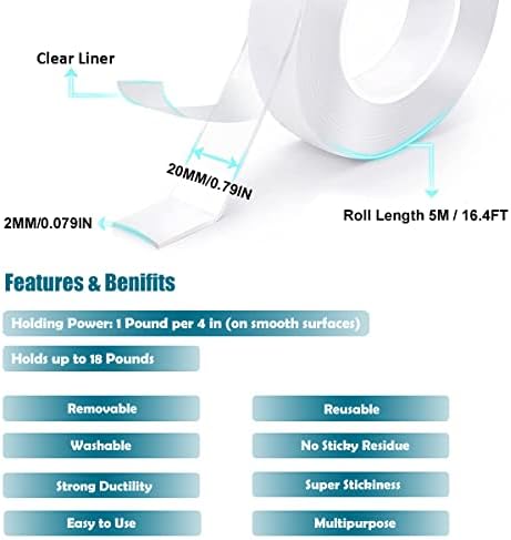 Double Sided Tape Heavy Duty, 5M/16.4FT Multipurpose Nano Tape No-Trace Removable and Washable Strong Sticky Wall Tape Strips, Reusable Nano Mounting Glue Tape for Photos Posters Kitchen Party (20MM)