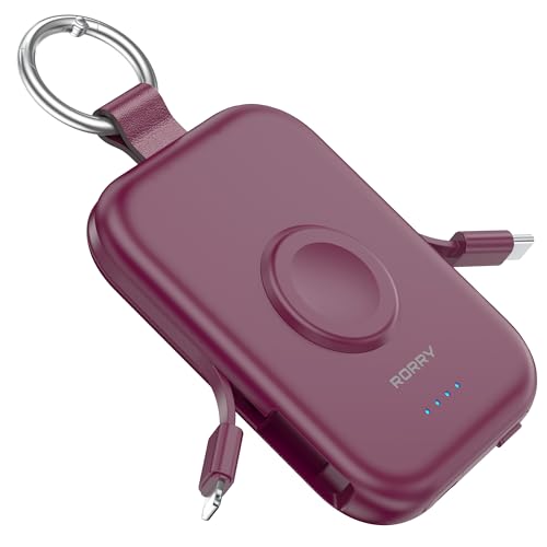 Image of RORRY CharmGo Portable Charger, 5000mAh Portable Charger Power Bank with Built-in Cables, Travel Keychain Battery Pack for Apple Watch and iPhone Air /17 /16 /15 /14 /13 /12, Burgundy
