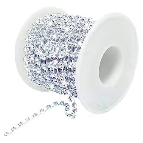 AmaJOY 1 Row Crystal Rhinestone Close Chain Clear Trim 10 Yard for Wedding Sewing Craft DIY Decor, Silver Color 3MM Cover