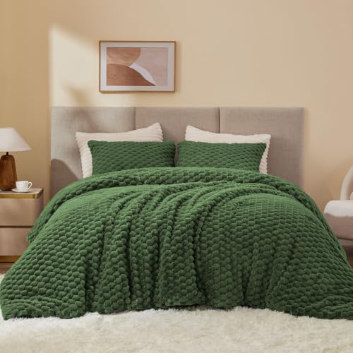 Image of BEDELITE Fluffy King Comforter Set, Olive Green Fleece Bed Set 3 Pieces
