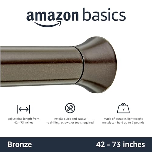 Image of Amazon Basics No Drill Shower Curtain Tension Rod, Adjustable Length, 42-73 inch, Bronze, Lightweight Metal