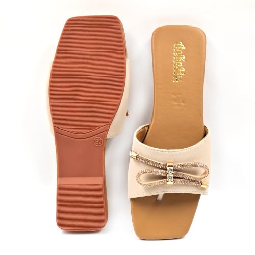 Image of flats for women stylish beige cream daily use flip flops girls slippers open square toe footwear sandals | Slides for women stylish bow accent on the toe
