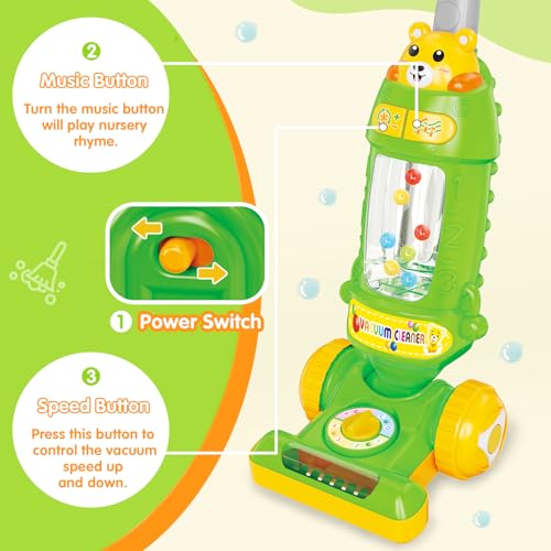 Image of FS Kids Vacuum Toy for Children 18 Months+ Green with Washable Mop Pad | Pretend Housekeeping Toy with Interactive Lights, Sounds and Washable Mop Pad for Creative Cleaning Activities and Role Play.