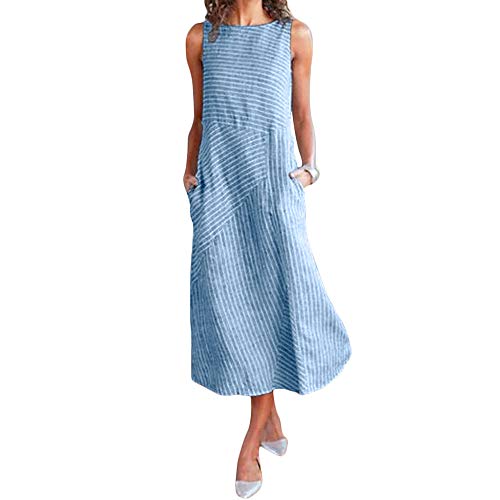 Vestido longo casual listrado de linho de algodão sem mangas Romacci, Azul, L