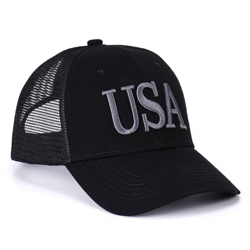Image of USA Trucker Hat for Men & Women American Flag Cap Adjustable Baseball Cap Mesh Snap Patriotic 3D Embroidered Cap