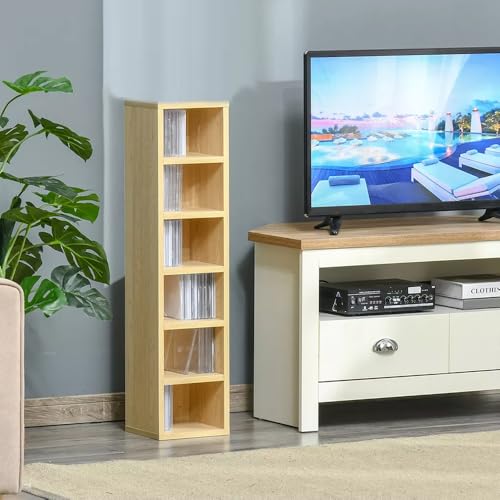 CD Storage Tower, Narrow Storage Unit, 6 Tier Cube Bookcase, White Wooden Standing Shelving Unit, DVD Display Shelves, Space-Saving Storage Organizer For Office, Living Room, Bedroom (Log color)