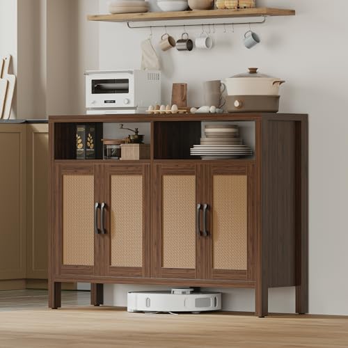 Image of Mericonia Rattan Buffet Cabinet with Storage, Sideboard with Doors, Console Table, Farmhouse Coffee Bar, Modern Wood Storage Cabinets TV Stand(Walnut 2.0)