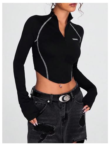 MakeMeChic Women's Y2k Mock Neck Half Zip T Shirt Long Sleeve Crop Tops Streetwear4