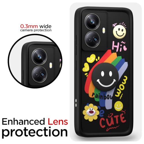Image of Pikkme Back Cover for Realme 10 Pro Plus 5G | Soft Silicone| Cute Rainbow Smile & 3D Cartoon Flower Design | Shockproof Raised Camera Protection Bumper Case (Black)