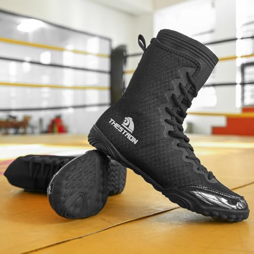 Image of THESTRON Men's Professional Boxing Wrestling Shoes Breathable Fighting Training Boots Male Combat Shoes Man High Top Fitness Sports Sneakers