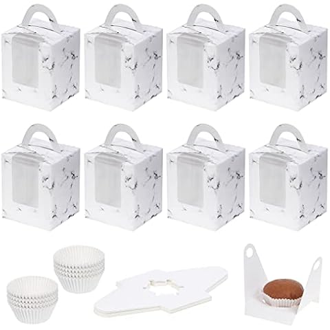 Coolty 50pcs Cupcake Boxes 1 Hole Cardboard Packaging Boxes Bakery Pastry Boxes with Handle, Window and Inserts for Cookies Muffins Cupcakes Desserts Pies (White) Cover