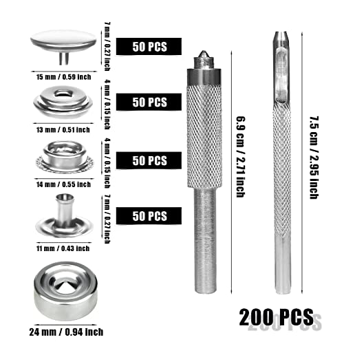Kinbom 200Pcs Snap Button Kit Tools, 5/8 Inch (15Mm) Leather Snap Kit Snap Fastener Kit Sewing Snaps Stainless Steel Snap Repair Kit 50 Sets Buttons For Bags Jeans Clothes Fabrics (Silver) #TOP1