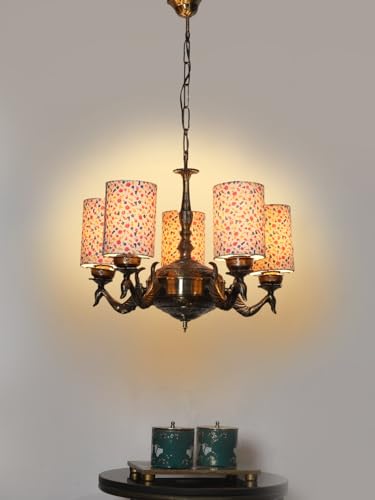 Image of Devansh 05-Light Round Printed Multicolor Cotton Shade Chandelier - Antique Golden Finish | Adjustable Cord | Warm Glow Lamp - Ceiling Light for Living Room, Dining Area, BedroomDecor - D12