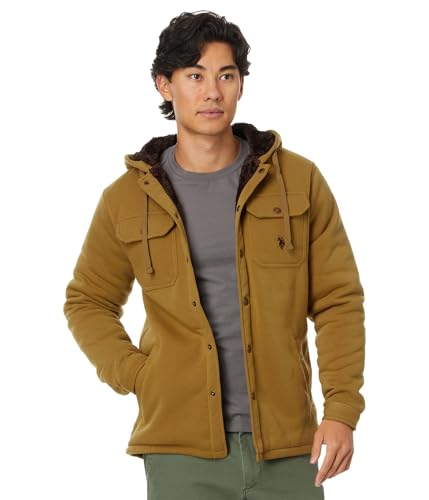 U.S. Polo Assn. Men's USPA Fleece Shirt Jacket Sherpa Hoodie Coyote Brown X-Large