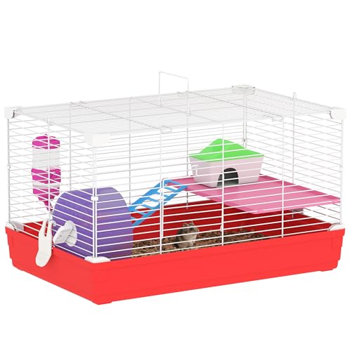 PawHut Gabbia per Criceti a 2 Livelli in Metallo e PP con Casetta, Serbatoio dell'acqua, Ruota e Piattini, 47x30x27 cm,...