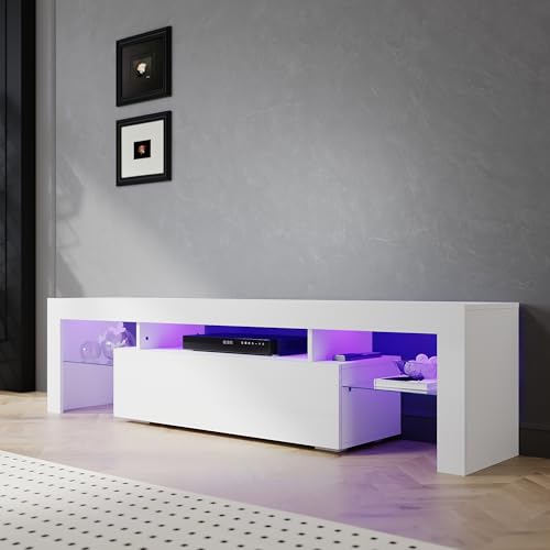 SIRHONA Meuble TV LED Blanc, Banc TV 180x35x45cm, Éclairage LED RGB avec Couleur réglable,...
