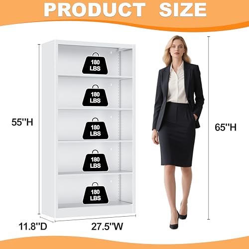 Image of VASAAOSD 55 inch White Bookshelf, 5 Tier Adjustable Metal Bookcase | Adjustable, Wide Bookshelf with Anti-Tilt Device, Easy Assembly Toy Storage Organizer, for Bedroom, Study, Office, Classroom