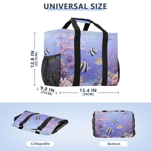Purple Coral and Fish Patterns Beach Tote Pool Bags for Women Ladies Large Waterproof Gym Tote Carry On Bag for Weekender Swim Gym Shopping Travel Daily Bag3