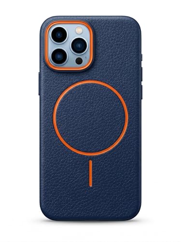 Image of amazon basics Luxury MagSafe Compatible Leather Texture Back Cover for iPhone 15 Pro | Raised Camera Protection | Slim Fit Shockproof Case with Metallic Accents (Dark Blue)