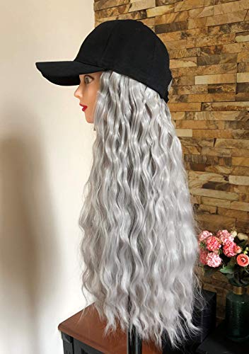 20" 22" 25" Long Synthetic Straight Wavy Curly Ombre Hooded Hat Hair Extensions Baseball Cap Wig for Women (20" Curly +Black Cap, Grey)