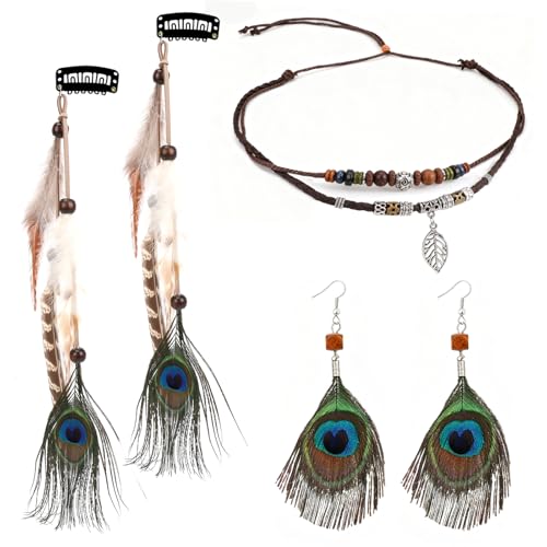MWOOT Mollette per Capelli Piuma Donne, Estensioni dei Capelli Piuma Indiano, Collana Etnico con Perline in Legno, Orecchini con Piume di Pavone Bohemien, Gioielli Rétro per Carnevale Mascherata