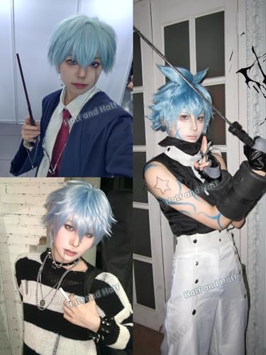 Image of Half and Half Short Light Blue Anime Cosplay Wig with Bangs for Men Sky Blue Male Game Wigs White Blue Spiky Layered Wigs for Women Unisex Halloween Party Costumes